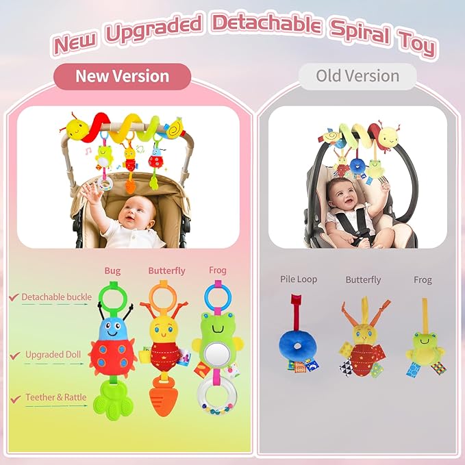 Car Seat Toys for Babies 0-6 Months, Upgraded Spiral Hanging Crib Stroller Activity Toys with Detachable Rattles, Baby Car Seat Accessories Toy for Developing Sensory Skills, Gift for Newborn Infant