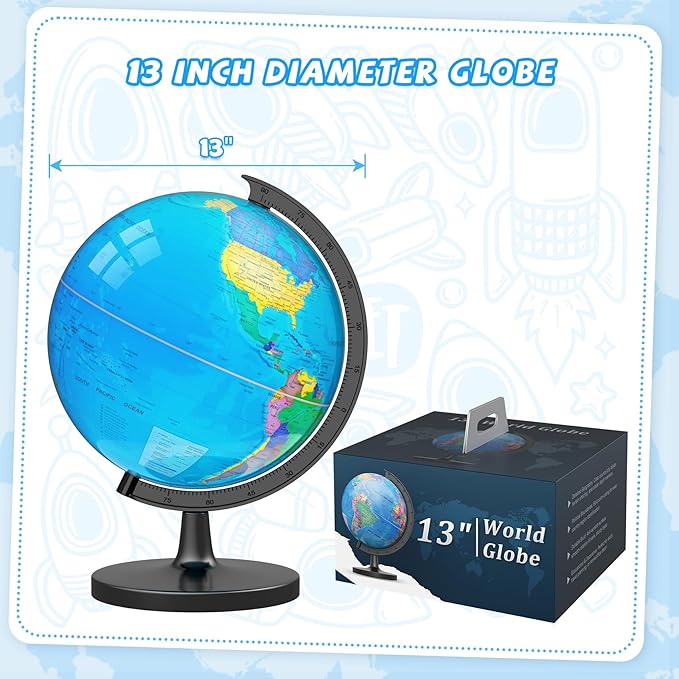 13" Globe for Children & Adults, Interactive World Globe for Kids with Stable Heavy Metal Base, HD Waterproof & Writable Surface, Educational STEM Learning Toy, Classroom Teaching Gift