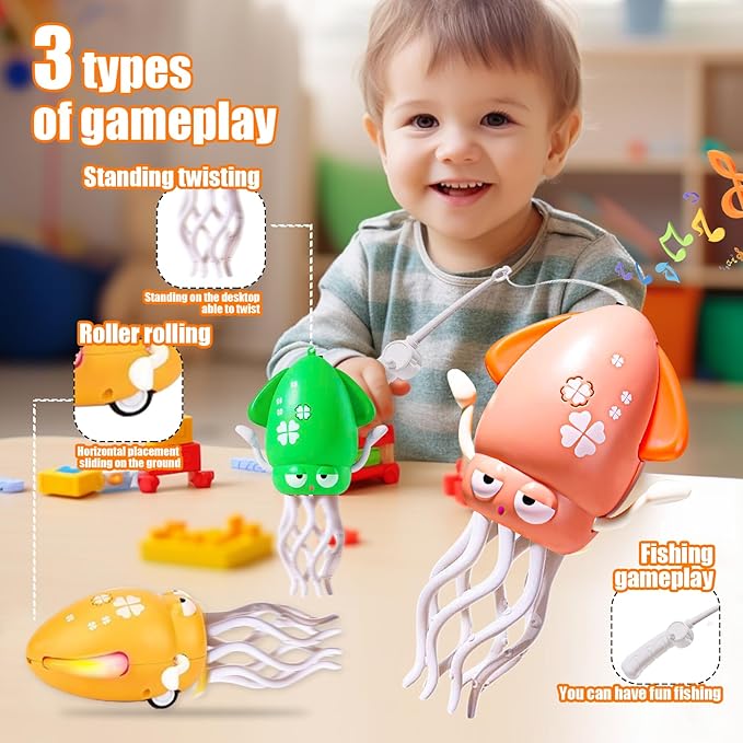 Dancing Octopus Toy Magic Electric Playful Tummy Time Toy, Auto Evasion Crawling Dancing Octopus with Fishing Rod for Baby Toddlers for 3 4 5 6 Year Old Kids Boy Girl Birthday Gifts (Green)