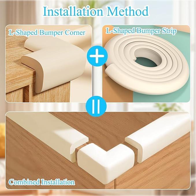 Baby Proofing Edge Corner Protector,1Roll L-Shape Soft Cabinet Door Bumper Corner Strip,8 Furniture Safety Bumper Corner Guards,Self Adhesive,Wall Protector,for Nursery,Kitchen,Fireplace,Table