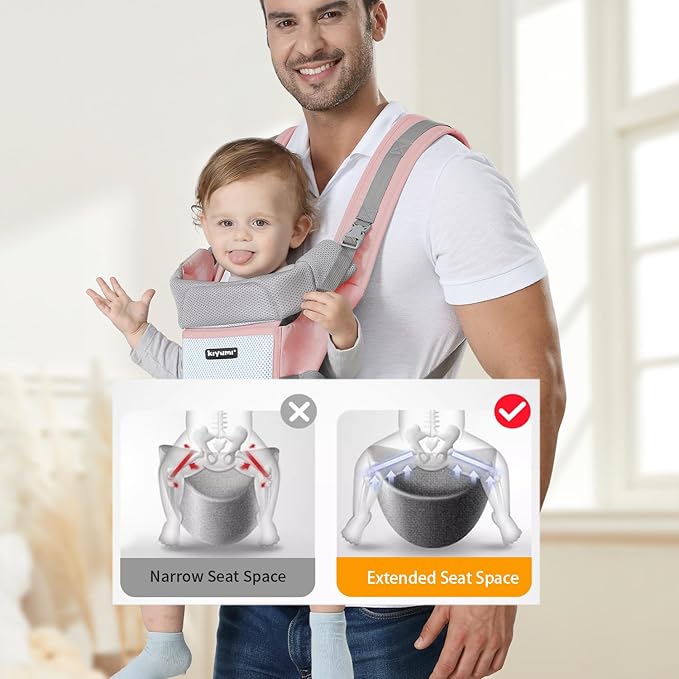 KIYUMI Baby Carrier with Hip Seat, Ergonomic M Position, Newborn to Toddler, Head Support and Breathable Mesh,Adjustable Removable 6- in-1 Baby Baby Sling Carrier (7-45 lbs) for Mom Dad, Pink