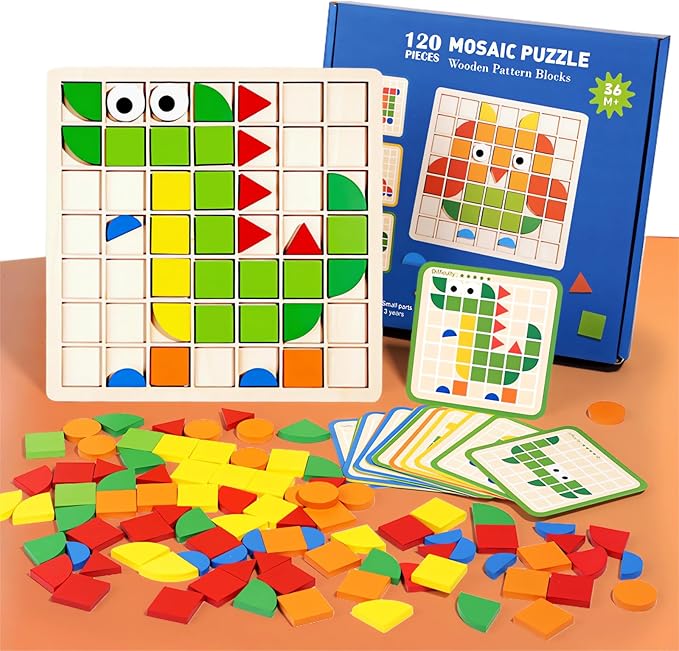Mosaic Shape Wooden Pattern Blocks Puzzle, 120 PCS Wooden Pattern Blocks with 20 Pcs Design Cards,Kindergarten Classic Educational Geometric Shape Puzzle Toys for Kids Ages 4-8