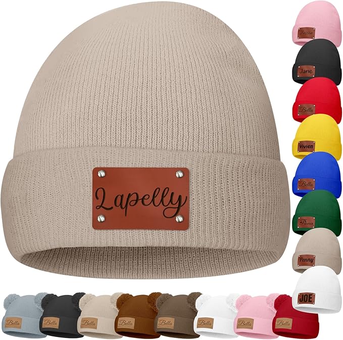 Custom Baby Beanies Personalized Toddler Winter Hats Name Leather Patch Kids Knit Warm Hat for Infant Boys Girls Adult