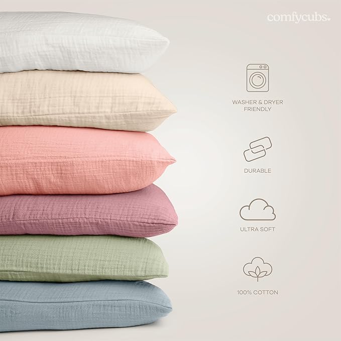 Comfy Cubs Toddler Pillow with Muslin Pillowcase, 13 x 18 in - Travel and Sleep Support for Kids - Lightweight, Breathable Microfiber Fill - Soft and Cozy Small Pillow for Toddlers - Sage