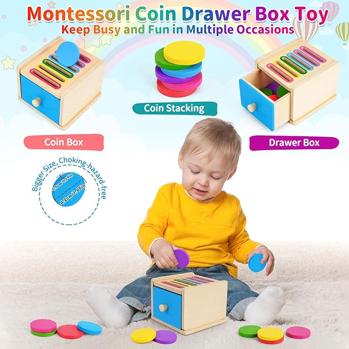 FCSONU Toddlers Montessori Coin Box Toys for 1 2 3 Year Old Boys Girls, Drawer Box Toy for Ages 2-4 Kids, Learning Color Sorting Sensory Toys, New Year Birthday for Baby 12-18 Months