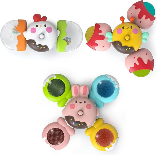 LiKee Strong Suction Cup Fidget Rotating Sensory Bath Toys for Baby 12 18 Months Airplane Car Travel Table & Window Toys for 1 2 Years Old Toddler Boys and Girls (Candy)
