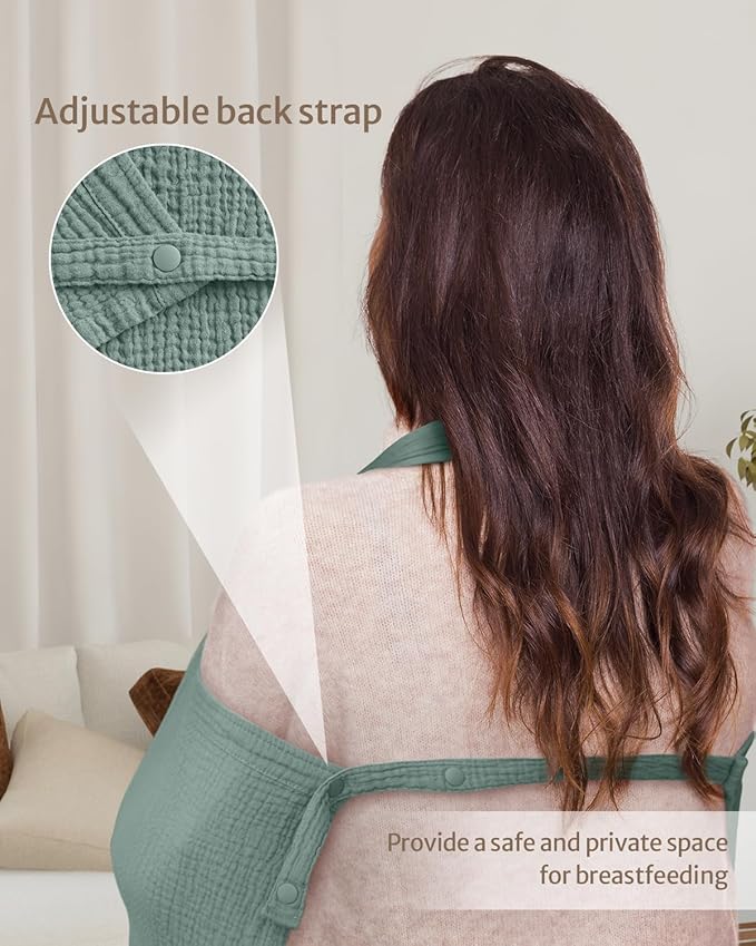Blissful Diary Muslin Nursing Cover for Breastfeeding, Breathable Breastfeeding Cover up with Arch Neckline for Women, Nursing Apron (Roman Green)