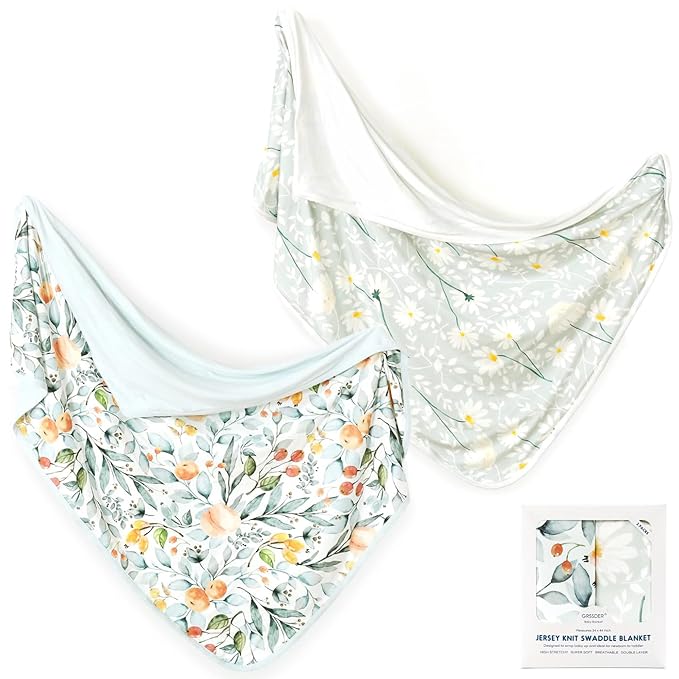 GRSSDER Baby Blankets Super Soft Stretchy Jersey Knit Swaddle Blanket 2 Pack for Baby Girls, Double Layer Reversible Receiving Blankets 34 x 44, Extra Large for Swaddling, Fruit & Daisy
