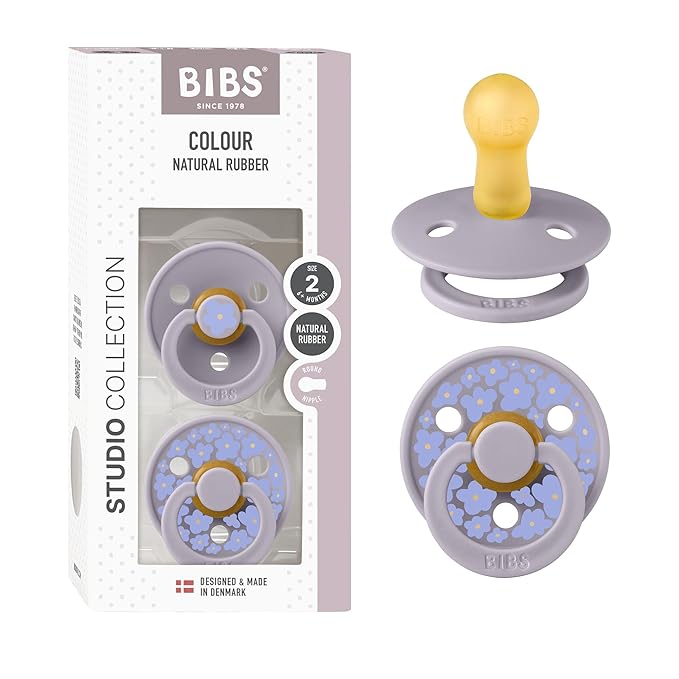 BIBS Pacifiers - Studio 2 Pack | Round Nipple Baby Pacifier | BPA Free Natural Rubber Latex Soother | Made in Denmark | Size 6+ Months | Jasmine Fossil Grey