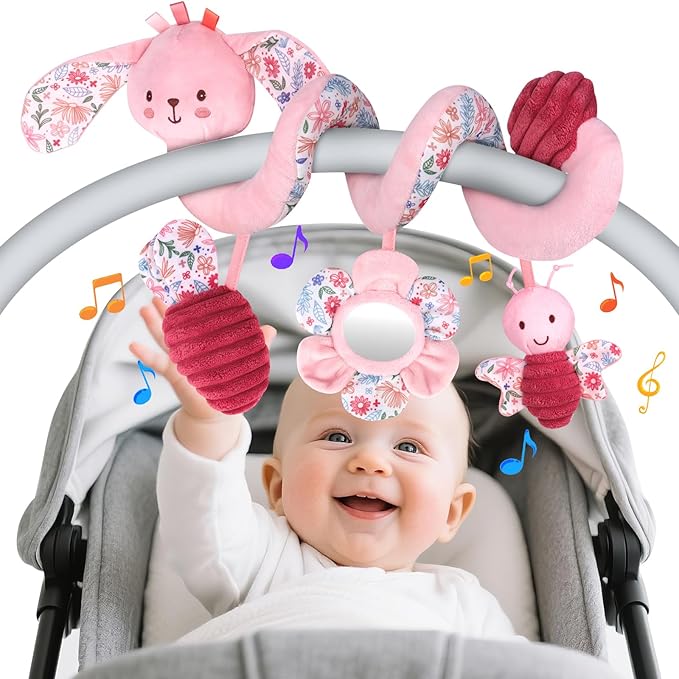 Hanging Car Seat Toys, Spiral Crib & Stroller Activity Toys with Rattles for Babies 0-6 Months, Baby Car Seat Accessories Toy for Developing Sensory & Motor Skills, Gift for Newborn Infant - Rabbit