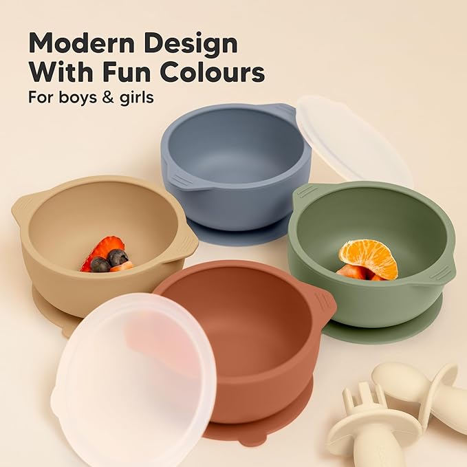 KeaBabies 2-Pack Baby Bowls with Suctions, Lids - Silicone Toddler Suction Bowls for Baby Boy, Girl, Kids, Food Grade Silicone, BPA-Free, Dishwasher Safe, Toddler Eating Essentials (Terracotta)