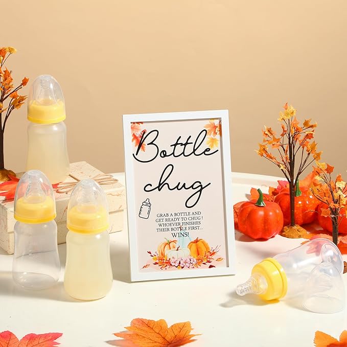 Roowest Bottle Chug Baby Shower Game - Fall Pumpkin Theme, Wooden Sign and 18 Yellow Baby Bottles for Gender Reveal Party Supplies