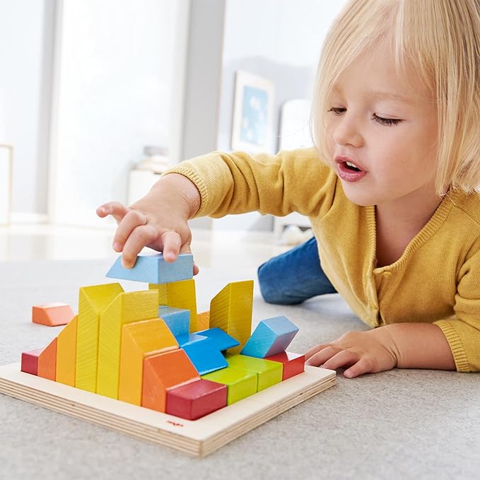 HABA 3D Arranging Game – Creative Stones Wooden Building Blocks & Stacking Toy for Toddlers – Wooden Montessori Toy with Geometric Shapes & Pattern Cards, Made in Germany