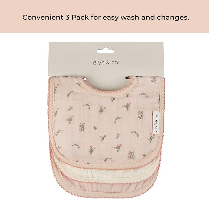 Ely's & Co. 100% Cotton Muslin Bib with Terry lining Soft & Absorbent for Infants, Adjustable Snaps 3 Pack 0-6 Months