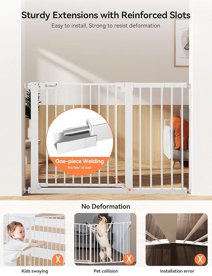 COMOMY 30" Tall Baby Gate for Stairs Doorways, Fits Openings 29.5" to 46" Wide, Auto Close Extra Wide Dog Gate for House, Pressure Mounted Easy Walk Through Pet Gate with Door, White