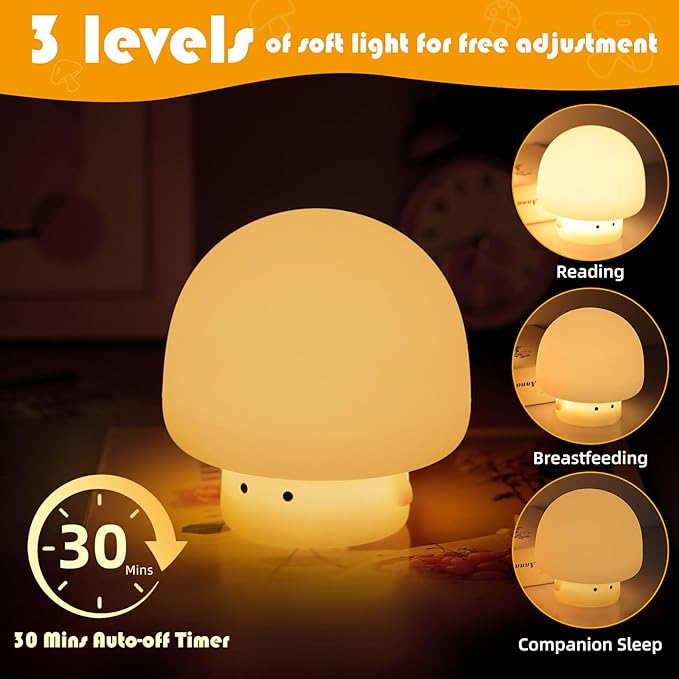 YISUN Mushroom Night Light, Cute Silicone Nightlight for Baby Toddler, Rechargeable LED Nursery Lamp with Timer, 3 Level Dimmable Soft Squishy Night Lamp Gift for Bedroom Kids Room Decor