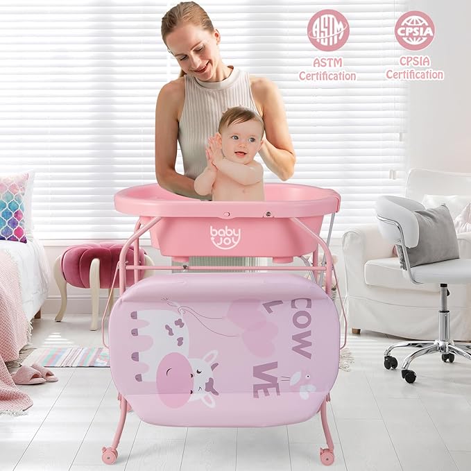 BABY JOY Baby Bathtub with Changing Table, Foldable Infant Diaper Changing Station with Storage Tray, Waterproof Pad, Portable Newborn Nursery Organizer Bath Stand with 4 Universal Wheels (Pink)