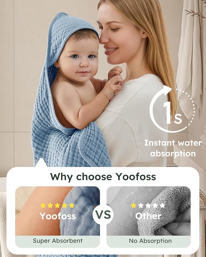 Yoofoss Hooded Baby Towels for Newborn 2 Pack 100% Muslin Organic Cotton Baby Bath Towel with Hood for Babies, Infant, Toddler and Kids, 37.5“x37.5“, Soft and Absorbent Newborn Essential,Blue&Green