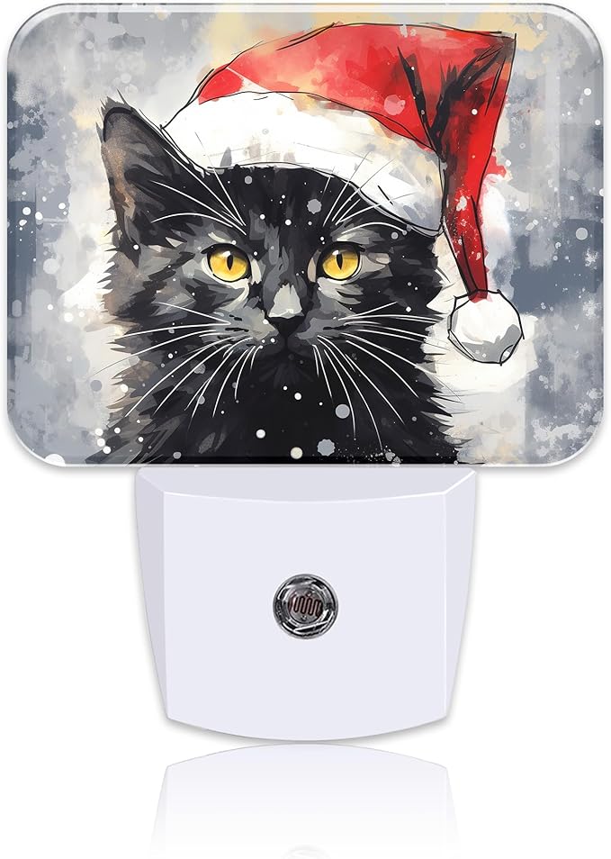 Cute Black Cat with Santa Hat Night Light for Kids, Christmas Cat LED Night Light Plug into Wall with Dusk to Dawn Sensor for Girls Boys Women Bedroom,Hallway,Kitchen,Bathroom,Stairs Decor