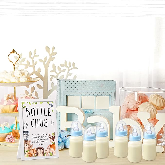 Roowest Bottle Chug Baby Shower Game Favors Including Woodland Animal Theme Wooden Sign and 18 Pcs Baby Bottles for Gender Reveal Party Supplies