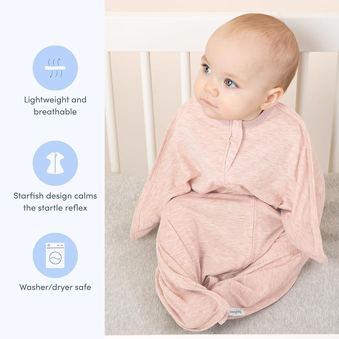 SleepingBaby Zipadee-Zip Transition Swaddle - Cozy Baby Swaddling Blanket with Zipper Convenience - Roomy Wearable Blanket for Easy Diaper Changes - 6-12 Month - Ballet Pink Heather