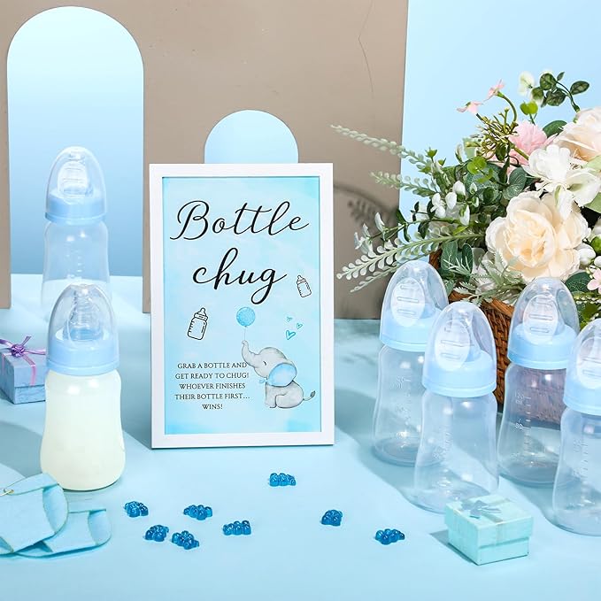 Roowest Bottle Chug Baby Shower Game Favors Including Blue Elephant Theme Wooden Sign and 18 Pcs Baby Bottles for Gender Reveal Party Supplies