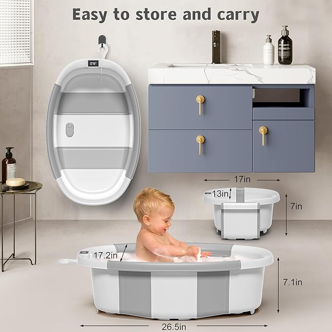 Collapsible Baby Bathtub for Newborn to Toddler 0-36 Months,Spacious Foldable Infant Bath Tub with Thermometer,Cushion & Drain Hole,Portable Travel Tub, Baby Shower Gift Grey