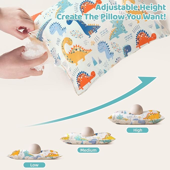 LOFE Organic Plilow with Cartoon Pillowcase - 16x22 Kids Pillow with 100% Organic Cotton Shell, Adjustable Organic Youth Pillow, Machine Washable, Soft,for Kids&Youth&Children (Dinosaur)