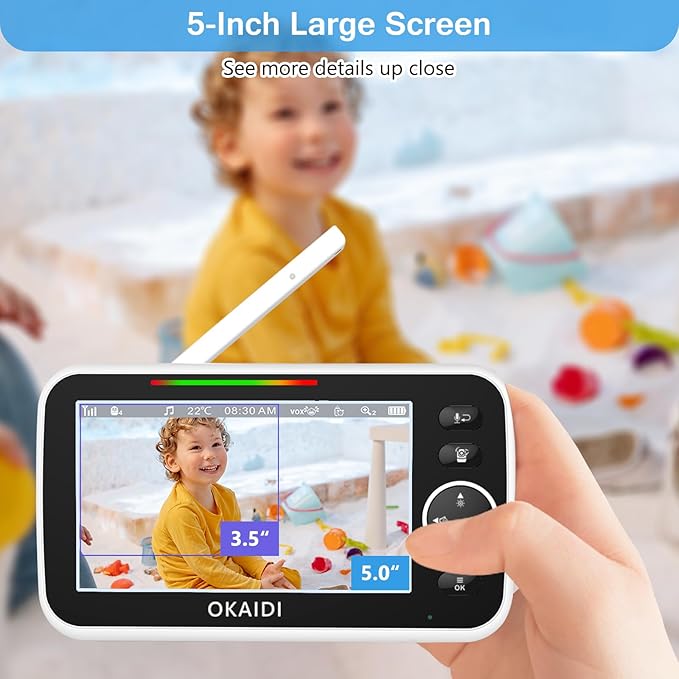 OKAIDI 5" HD Baby Monitor with Camera and Audio, 720P Display, 5000mAh Battery, Remote Pan-Tilt, 3X Zoom, Night Vision, 2-Way Talk, Temperature,Lullabies,1000ft Range Baby Monitor No WiFi