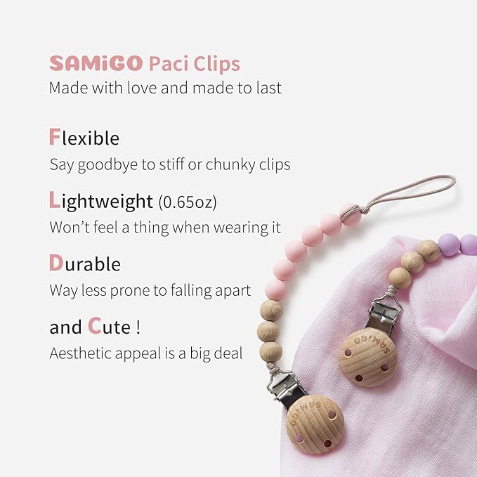 SAMiGO Pacifier Clips for Baby Girls Silicone Paci Holders Binky Clips - 2 Pack