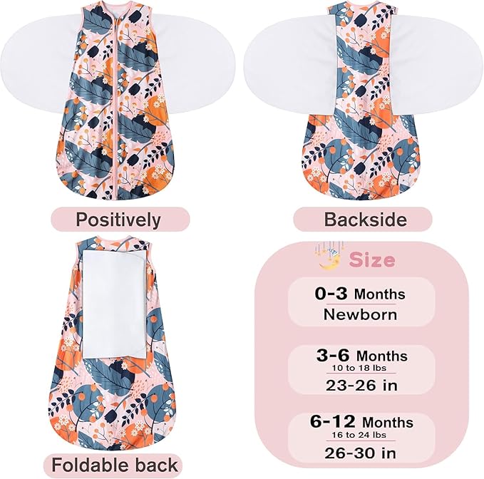 Newborn Sleep Sack Baby Swaddle,3-Way Adjustable Wearable Blanket,100% Rayon Cotton Swaddling Sleeping Bag，TOG 0.5 (Gerbera & Tulips, 3-6 Months)