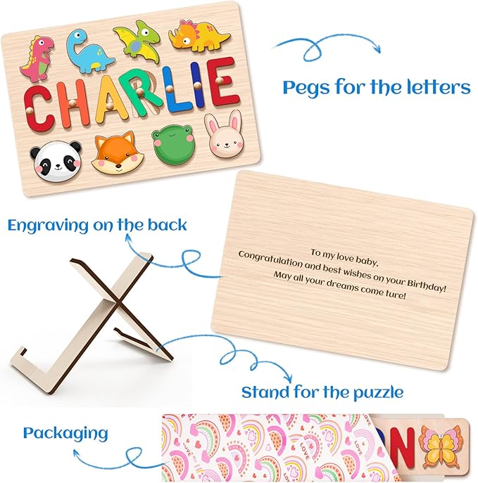 Name Puzzle for Kids Personalized - 1 Year Old Girl Gifts - Personalized Birthday Baby Gifts Toys for 1-3 Year Old Girls Boys Kids - Wooden Puzzle Engraved Text Blessing - Toddler Learning Toys