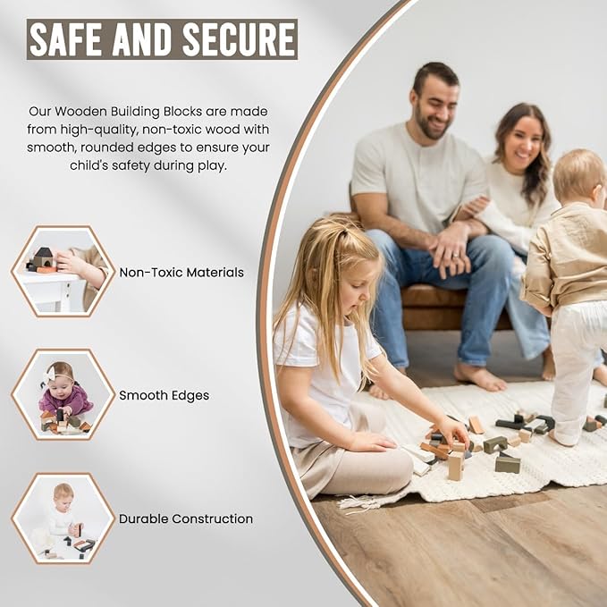 Educational Stacking Blocks for Toddlers 1–3 – 46-Piece Wooden Building Block Set | Montessori-Inspired Learning Toy with Storage Bag | Safe, Non-Toxic, Earth-Tone Colors