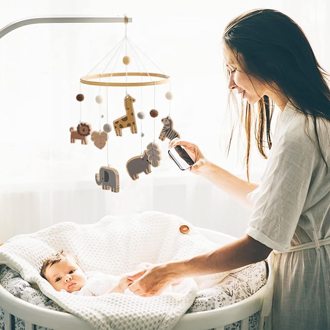 Baby Mobile for Crib, Crib Nursery Mobile for Boys Girls, Boho Animals Nursery Decor Soothe Toy Baby Shower Set for Infant Bedroom Hanging Decoration Toy