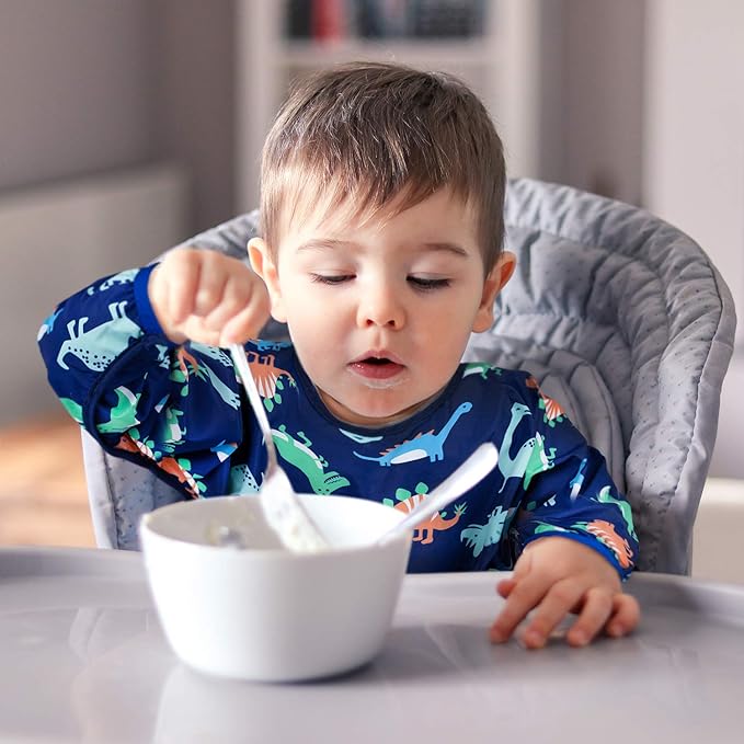 Baby Noah 3 Pack Long Sleeve Bib, Toddler Mess Free & Waterproof Shirt Bibs, Reusable Bib with Pocket, Adjustable Fits Ages 6-12 Months