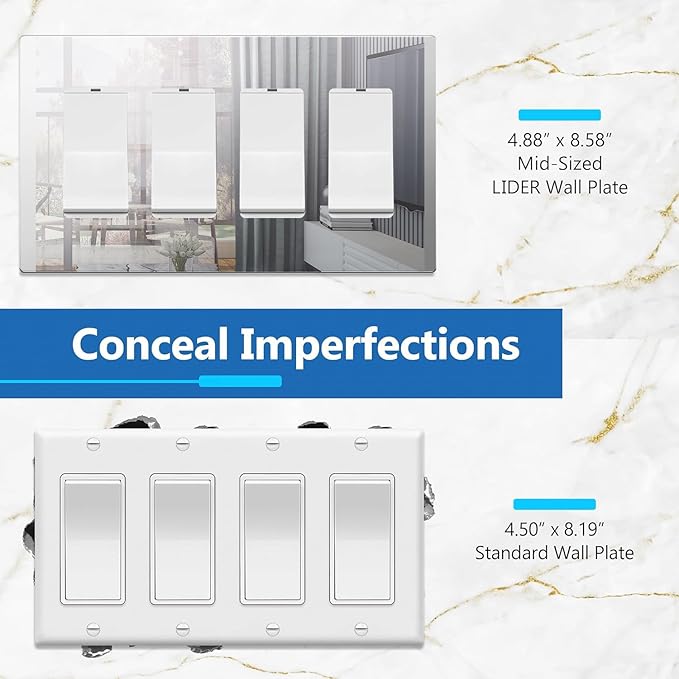 LIDER Quadruple Decorator Wall Plate, Impact Resistant, Mirrored Acrylic Plexiglass Reflective Finish Modern Upgrade Screwless Light Switch Outlet Cover Mid-Size 4-Gang 4.88" x 8.58" Silver