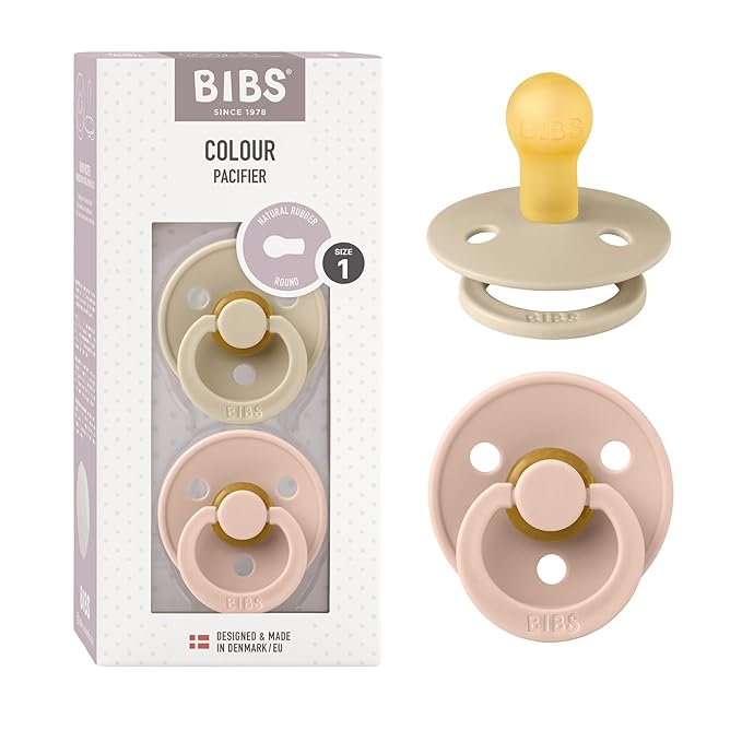 BIBS Pacifiers Colour Collection | Natural Rubber Baby Pacifier | Set of 2 BPA-Free Soothers | Made in Denmark | 0+ Months (Pack of 2) | Vanilla/Blush