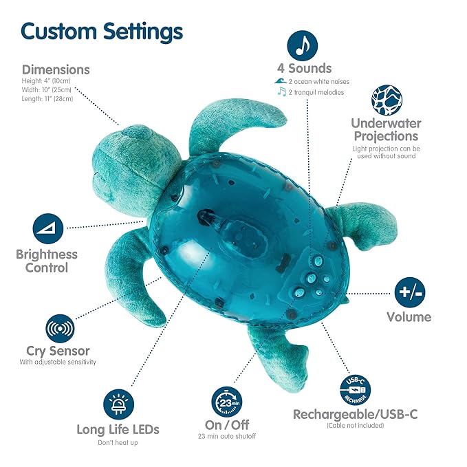 Cloud b Tranquil Turtle Aqua - White Noise Machine Baby, Baby Night Light & Portable White Noise Machine - Soothing Ocean Waves & Underwater Melodies, Cry Sensor, Rechargeable, Eco-Friendly