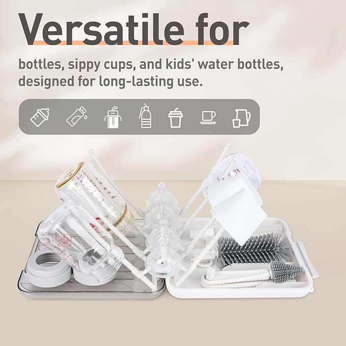 Baby Bottle Brush Set, 6-in-1 Travel Bottle Cleaning Kit with Silicone Bottle Brush, Nipple & Straw Brush, Soap Dispenser, Drying Rack, Storage Box – Compact Travel Baby Essential for Home & On-The-Go