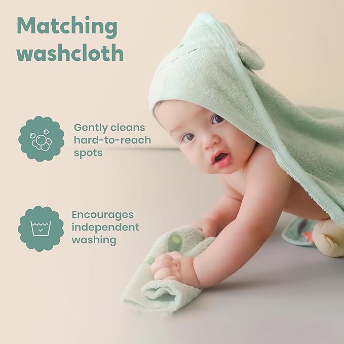CuddleBug Hooded Baby Bath Towel & Washcloth Set (Frog) - 100% Cotton Terrycloth Hooded Baby Towels for Newborn & Toddler, Super-Soft & Ultra-Absorbent, Newborn Essentials (30" x 30") - Sage Green