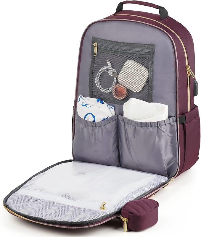 MOMUVO Diaper Bag Backpack, Quilted Baby Bag with Changing Pad & Stroller Straps & Pacifier Case, Large Travel Diaper Bags for Mom Dad, Dark Purple