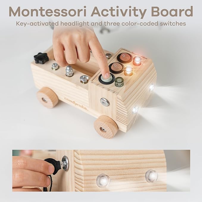 Comfy Cubs Busy Board Toy Truck Set - Fun & Noise-Free, Pine Wood Activity Board for Toddlers with LED Light Switch - Designed in The US, Focused & Engaging Montessori Play for Kids 3+ (Natural Wood)