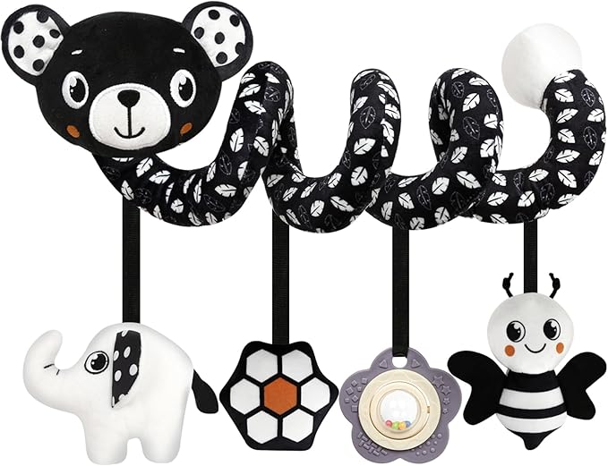 Baby Carseat Toy Black & White Rattle Spiral Hanging Activity Stroller Toy for Newborns Boys and Girls - Bear