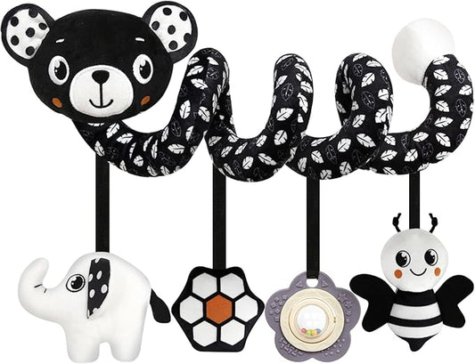 Baby Carseat Toy Black & White Rattle Spiral Hanging Activity Stroller Toy for Newborns Boys and Girls - Bear