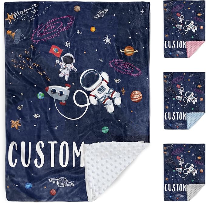 Custom Baby Blanket, Personalized Baby Blankets with Name for Boys Girls, Flannel Double Layer Dotted Backing Receiving Swaddle for Infant Toddler, Customized Gift, Astronaut Pattern(60"x80")