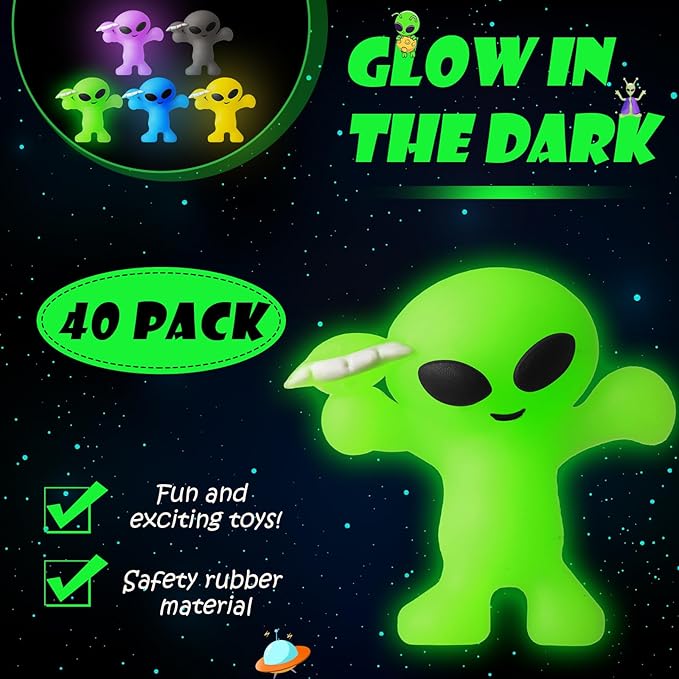 20 Pcs Colorful Mini Alien Figures Glow in The Dark Small Little Tiny Aliens Figurine Space Ship Toy Space Party Favors Prank Rubber Bag Piñata Filler