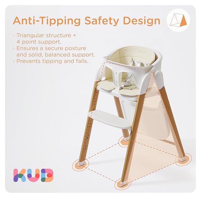 KUB High Chair for Babies and Toddlers Adjustable Foldable Convertible 5 Point Harness Easy Clean Wood-Printed Metal with Removable Tray Baby Highchair for Family (White&Natural Wood-Printed Metal)