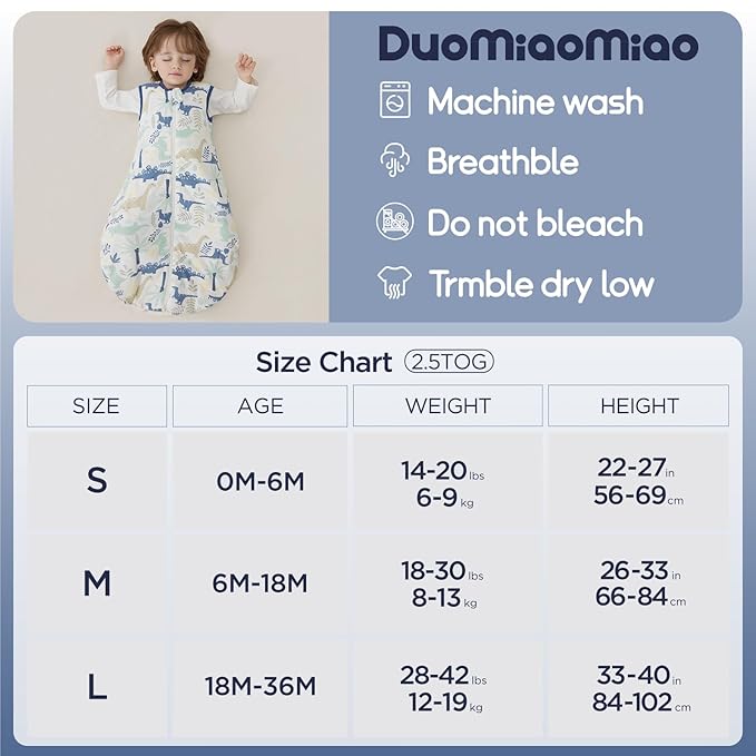 Duomiaomiao 2.5 TOG Baby Sleep Sack 100% Cotton Winter Baby Wearable Blanket, Warm Quilted Comfy Toddler Sleeping Sack