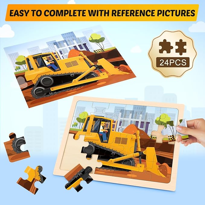Wooden Puzzles for Kids Ages 4-6, 4 Packs 24 PCS Construction Vehicle Jigsaw Puzzles for Kids Ages 3-5, Preschool Educational Puzzles Boards Toys Gifts for Boys Girls