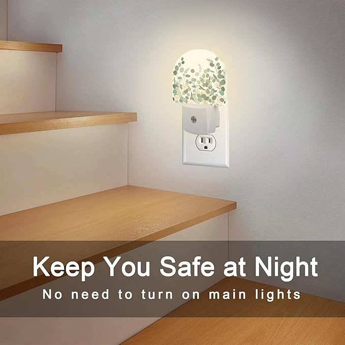 Green Eucalyptus and Rose Flowers Night Light for Kids,Watercolor Botanical Floral Leaves Night Light Plug in with Dusk to Dawn Sensor,0.5w Energy Saving S Nightlight for Boys Girls Home Decor